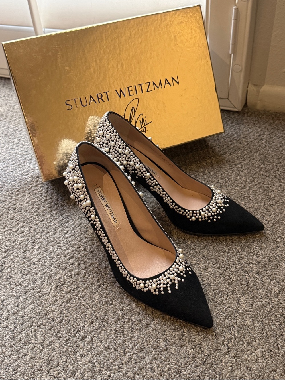 Stuart Weitzman Black Pearl-Embellished Pointed Toe Pumps